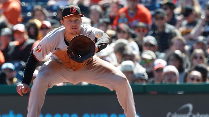 Apr 7, 2024; Pittsburgh, Pennsylvania, USA;  Baltimore Orioles first baseman Ryan Mountcastle (6) takes a throw to record an out against the Pittsburgh Pirates during the fourth inning at PNC Park.