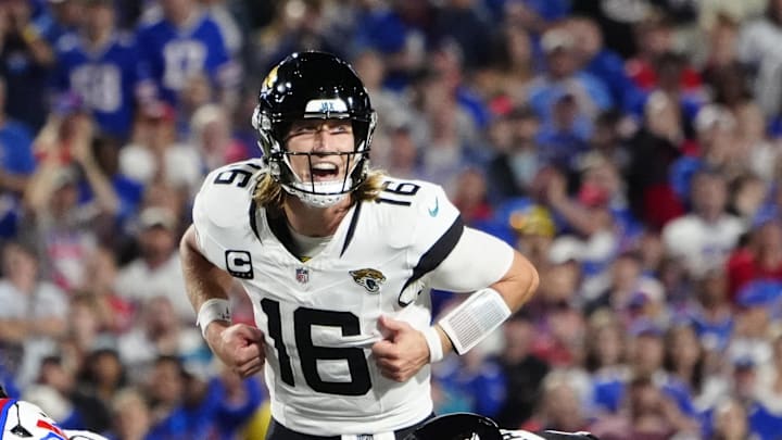 Sep 23, 2024; Orchard Park, New York, USA; Jacksonville Jaguars quarterback Trevor Lawrence (16) calls signals against the Buffalo Bills during the second half at Highmark Stadium. Mandatory Credit: Gregory Fisher-Imagn Images