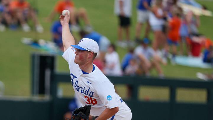 Florida pitcher Cooper Walls (38) pitches during the 2026 NCAA Baseball Championship Gainesville Regional championship baseball game at Condron Family Ballpark in Gainesville, FL on Monday, June 1, 2026. Troy beat Florida Sunday they played a winner take all game Monday. [Alan Youngblood/Gainesville Sun]