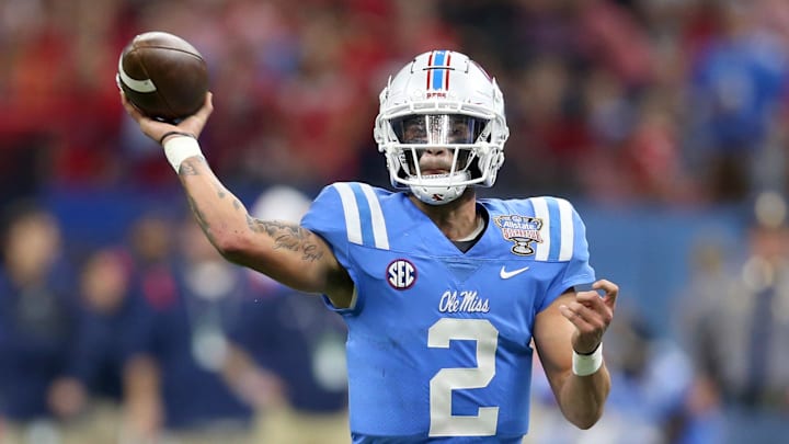 Jan 1, 2022; New Orleans, LA, USA; Mississippi Rebels quarterback Matt Corral (2) makes a throw