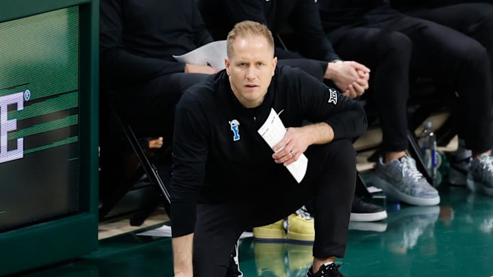 Feb 10, 2026; Waco, Texas, USA;  BYU Cougars head coach Kevin Young in action on the sideline during the second half against the Baylor Bears at Paul and Alejandra Foster Pavilion. Mandatory Credit: Chris Jones-Imagn Images