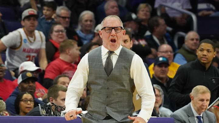Feb 18, 2026; Evanston, Illinois, USA; Maryland Terrapins head coach Buzz Williams yells to his team against the Northwestern Wildcats during the second half at Welsh-Ryan Arena. Mandatory Credit: David Banks-Imagn Images
