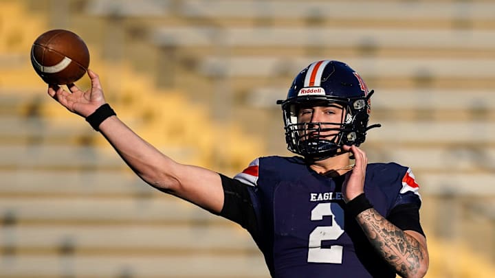 Nashville Christian's Jared Curtis (2) throws against Columbia Academy during the first quarter of the Division II-A championship game at Finley Stadium in Chattanooga, Tenn., Thursday, Dec. 5, 2024.