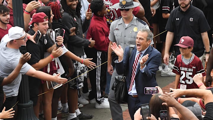 Sep 14, 2024; Columbia, South Carolina, USA; South Carolina Gamecocks head coach Shane Beamer during Gamecock Walk outside of Williams-Brice Stadium before a game against the LSU Tigers. Mandatory Credit: Ken Ruinard/USA TODAY Network via Imagn Images Sep 14, 2024; Columbia, South Carolina, USA; South Carolina Gamecocks head coach Shane Beamer during Gamecock Walk outside of Williams-Brice Stadium before a game against the LSU Tigers. Mandatory Credit: Ken Ruinard/USA TODAY Network via Imagn Images