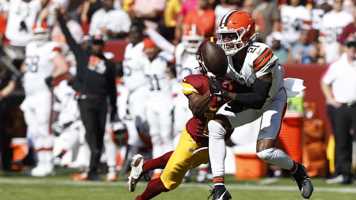 Oct 6, 2024; Landover, Maryland, USA; Cleveland Browns cornerback Denzel Ward (21) breaks up a pass intended for Washington Commanders wide receiver Terry McLaurin (17) during the second quarter at NorthWest Stadium. Mandatory Credit: Geoff Burke-Imagn Images Oct 6, 2024; Landover, Maryland, USA; Cleveland Browns cornerback Denzel Ward (21) breaks up a pass intended for Washington Commanders wide receiver Terry McLaurin (17) during the second quarter at NorthWest Stadium. Mandatory Credit: Geoff Burke-Imagn Images