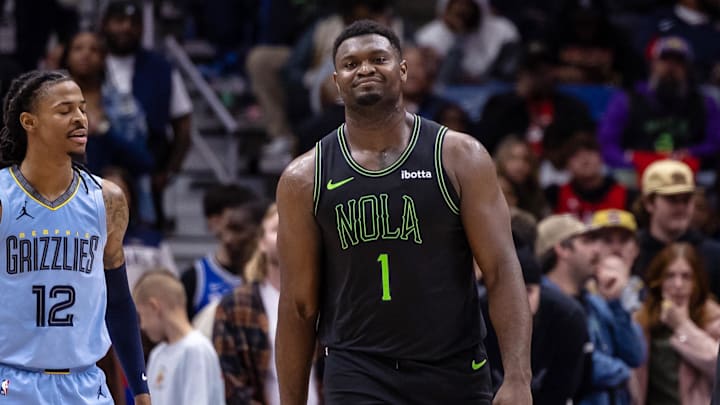 Dec 26, 2023; New Orleans, Louisiana, USA; New Orleans Pelicans forward Zion Williamson (1) during overtime at Smoothie King Center. 