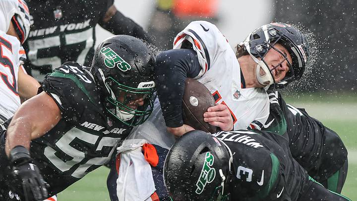 Former Bears quarterback Trevor Siemian is tackled in the team's loss during the 2022 season at MetLife Stadium, Former Bears quarterback Trevor Siemian is tackled in the team's loss during the 2022 season at MetLife Stadium,