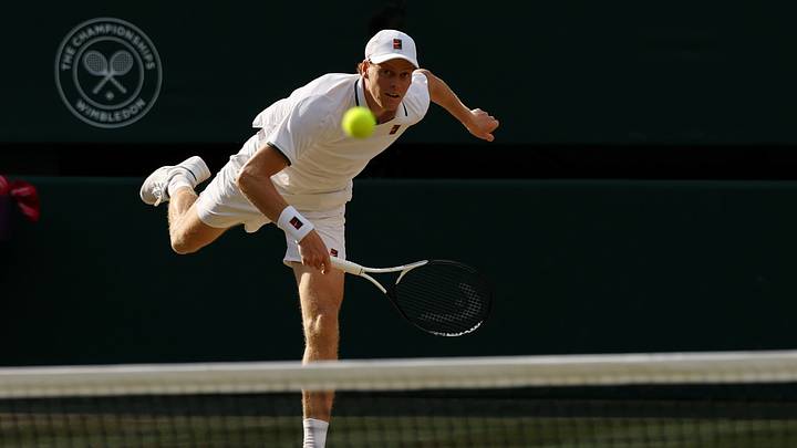 Jul 10, 2026; London, United Kingdom; Jannik Sinner (ITA) serves against Novak Djokovic (SRB) (not pictured) in a gentlemen's singles semi-final of The Championships Wimbledon 2026 at All England Lawn Tennis and Croquet Club. Mandatory Credit: Geoff Burke-Imagn Images Jul 10, 2026; London, United Kingdom; Jannik Sinner (ITA) serves against Novak Djokovic (SRB) (not pictured) in a gentlemen's singles semi-final of The Championships Wimbledon 2026 at All England Lawn Tennis and Croquet Club. Mandatory Credit: Geoff Burke-Imagn Images