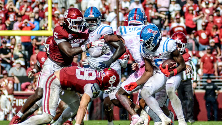 Ole Miss running back Kewan Lacy rushes against Oklahoma.
