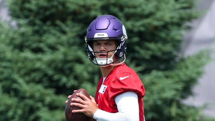 Jun 10, 2025; Minneapolis, MN, USA; Minnesota Vikings quarterback J.J. McCarthy (9) practices during minicamp at the Minnesota Vikings Training Facility. Mandatory Credit: Matt Krohn-Imagn Images