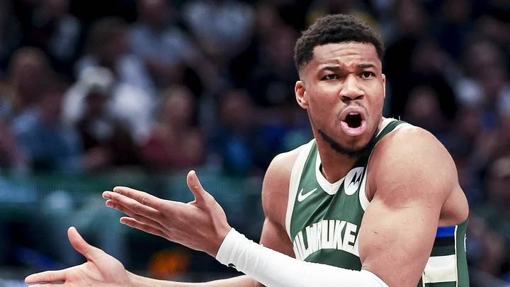 Mar 1, 2025; Dallas, Texas, USA; Milwaukee Bucks forward Giannis Antetokounmpo (34) reacts against the Dallas Mavericks during the first half at American Airlines Center. Mandatory Credit: Kevin Jairaj-Imagn Images Mar 1, 2025; Dallas, Texas, USA; Milwaukee Bucks forward Giannis Antetokounmpo (34) reacts against the Dallas Mavericks during the first half at American Airlines Center. Mandatory Credit: Kevin Jairaj-Imagn Images
