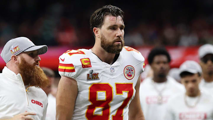 Feb 9, 2025; New Orleans, LA, USA; Kansas City Chiefs tight end Travis Kelce (87) walks off the field at the end of the first half of Super Bowl LIX at Caesars Superdome. Mandatory Credit: Geoff Burke-Imagn Images