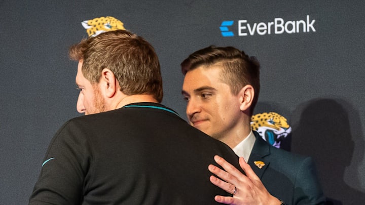 The Jacksonville Jaguars introduce General Manager James Gladstone, right, gets a congratulatory handshake from Head Coach Liam Coen, left, Monday morning February 24, 2025 at the Miller Electric Center in Jacksonville, Fla.