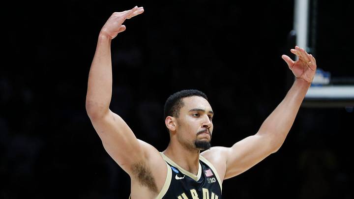 Purdue Boilermakers forward Trey Kaufman-Renn (4) pumps up the crowd Saturday, March 29, 2025, during the NCAA Tournament Sweet 16 game against the Houston Cougars at Lucas Oil Stadium in Indianapolis. Houston Cougars won 62-60.