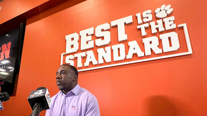 Clemson running backs coach C.J. Spiller speaks during the Clemson football Media Outing & Open House at the Allen N. Reeves Football Complex in Clemson, S.C. Tuesday, July 16, 2024.