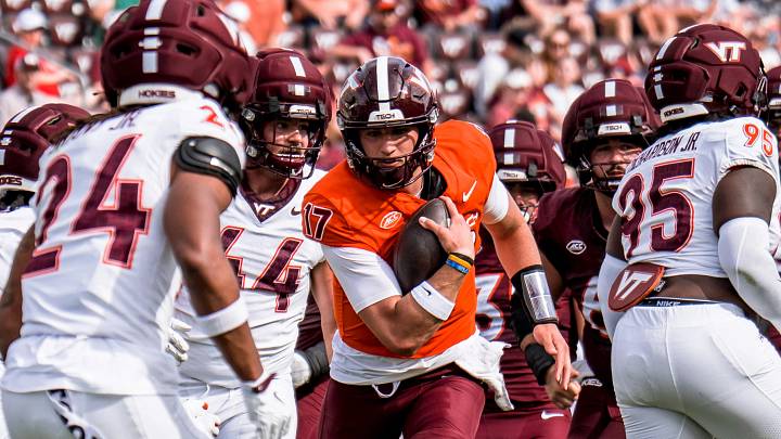 BLACKSBURG, Va. — Ethan Grunkemeyer participating in Virginia Tech's 2026 spring game. BLACKSBURG, Va. — Ethan Grunkemeyer participating in Virginia Tech's 2026 spring game.