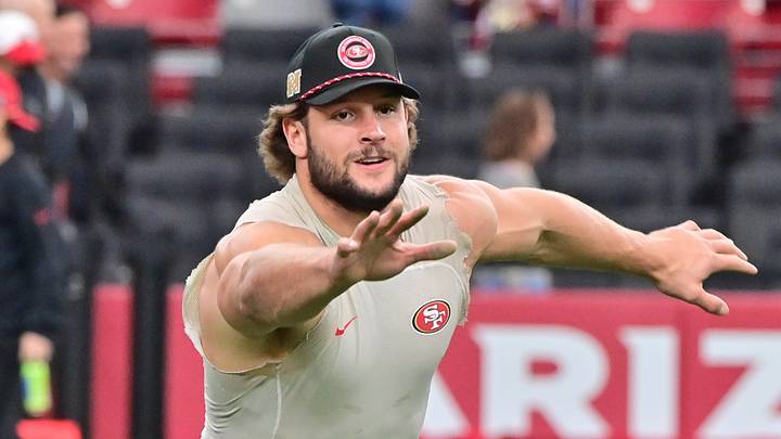 Glendale, Arizona, USA; San Francisco 49ers defensive end Nick Bosa (97) warms up prior to the game against the Arizona Cardinals at State Farm Stadium. Mandatory Credit: Matt Kartozian-Imagn Images