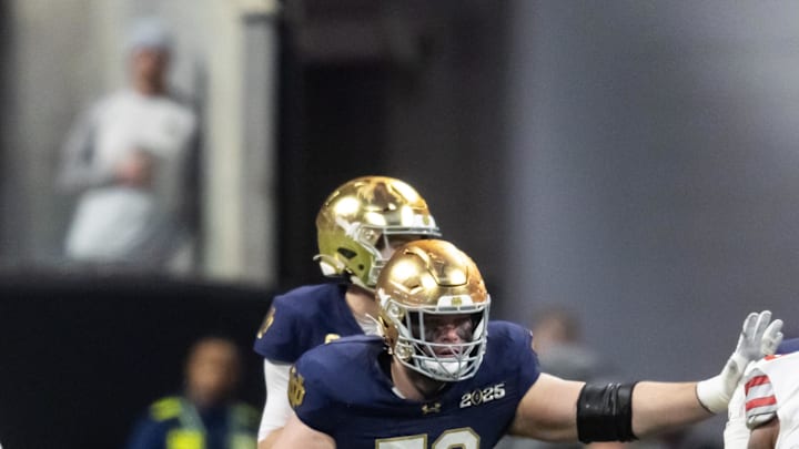 Jan 20, 2025; Atlanta, GA, USA; Notre Dame Fighting Irish offensive lineman Rocco Spindler (50) against the Ohio State Buckeyes during the CFP National Championship college football game at Mercedes-Benz Stadium. Mandatory Credit: Mark J. Rebilas-Imagn Images