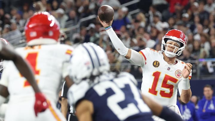 Nov 27, 2025; Arlington, Texas, USA; Kansas City Chiefs quarterback Patrick Mahomes (15) throws a pass against the Dallas Cowboys during the fourth quarter at AT&T Stadium. Mandatory Credit: Kevin Jairaj-Imagn Images