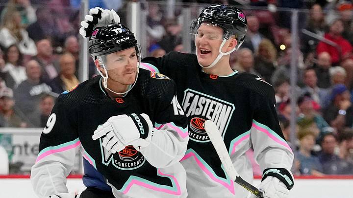 Feb 4, 2023; Sunrise, Florida, USA; Atlantic Division forward Brady Tkachuk (71) of the Ottawa Senators congratulates Atlantic Division forward Matthew Tkachuk (19) of the Florida Panthers during the second period of a semifinal game during the 2023 NHL All-Star Game at FLA Live Arena. Mandatory Credit: Jasen Vinlove-Imagn Images Feb 4, 2023; Sunrise, Florida, USA; Atlantic Division forward Brady Tkachuk (71) of the Ottawa Senators congratulates Atlantic Division forward Matthew Tkachuk (19) of the Florida Panthers during the second period of a semifinal game during the 2023 NHL All-Star Game at FLA Live Arena. Mandatory Credit: Jasen Vinlove-Imagn Images