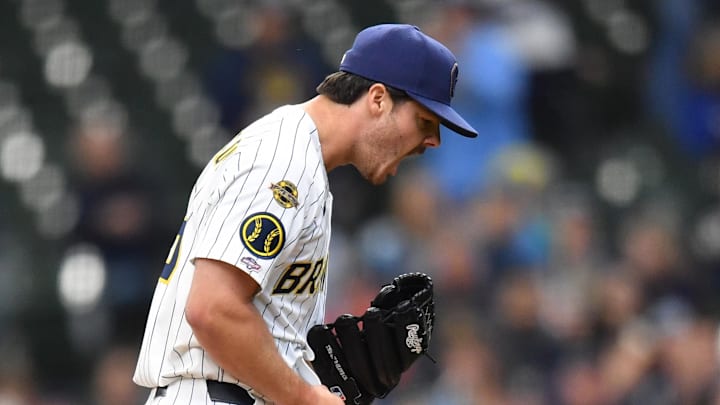 Milwaukee Brewers starting pitcher Logan Henderson (43) reacts after ending the top of the sixth inning against the Oakland Athletics at American Family Field. Milwaukee Brewers starting pitcher Logan Henderson (43) reacts after ending the top of the sixth inning against the Oakland Athletics at American Family Field.