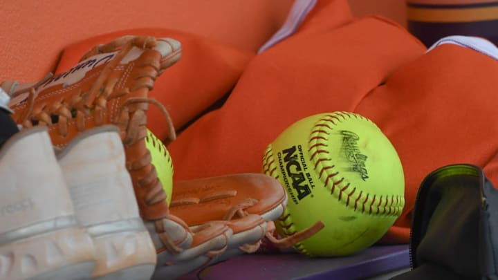 Gloves, softballs, spikes, before the softball game with Charlotte at McWhorter Stadium in Clemson, S.C. Tuesday, February 18, 2025. Gloves, softballs, spikes, before the softball game with Charlotte at McWhorter Stadium in Clemson, S.C. Tuesday, February 18, 2025.