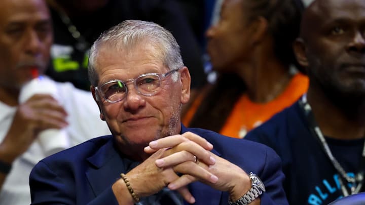 Jun 17, 2025; Arlington, Texas, USA;  University of Connecticut head coach Geno Auriemma watches the game between the Dallas Wings and Golden State Valkyries at College Park Center. Mandatory Credit: Kevin Jairaj-Imagn Images