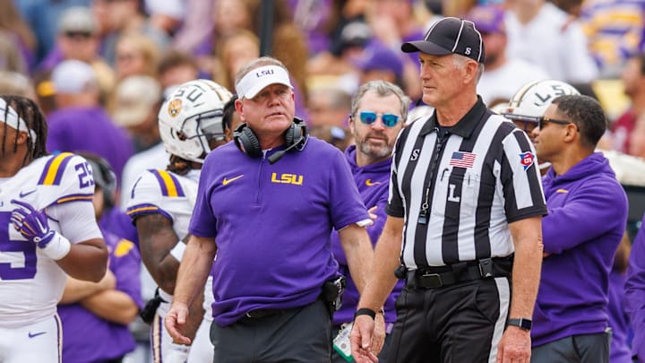 Nov 25, 2023; Baton Rouge, Louisiana, USA;  LSU Tigers head coach Brian Kelly against the Texas