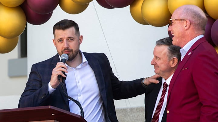 Florida State's new head basketball coach Luke Loucks expresses his gratitude to President Richard McCullough (middle) with FSU Board of Trustees member Peter Collins (right) during 'FSU Day at the Capitol' Wednesday, March 19, 2025.