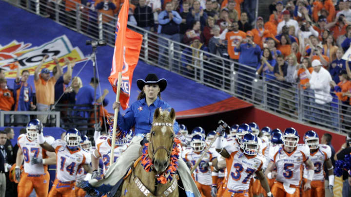 Jan 1,2007; Glendale, AZ, USA; The Boise State Broncos take the field before playing the Oklahoma Sooners in the Fiesta Bowl at University of Phoenix Stadium in Glendale, Arizona. Mandatory Credit: Rick Scuteri-US Presswire Copyright Rick Scuteri 