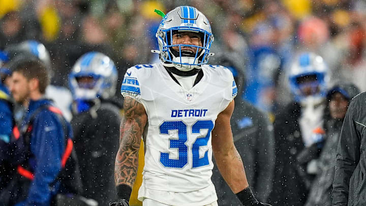 Detroit Lions safety Brian Branch reacts after being disqualified by the referee during the first half against Green Bay Packers at Lambeau Field in Green Bay, Wis. on Sunday, Nov. 3, 2024.