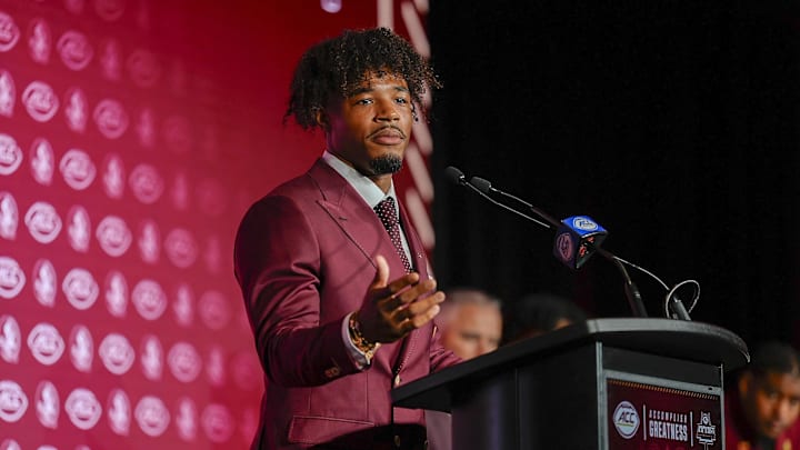 Jul 23, 2025; Charlotte, NC, USA; FSU quarterback Tommy Castellanos answers questions from the media during ACC Media days at Hilton Charlotte Uptown. Mandatory Credit: Jim Dedmon-Imagn Images