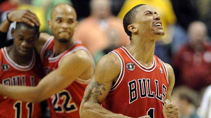 Chicago Bulls guard Derrick Rose celebrates a play.