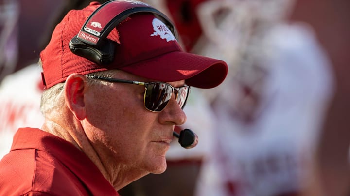 Arkansas Razorbacks offensive coordinator Bobby Petrino during game with Auburn at Jordan-Hare Stadium in Auburn, Ala. Arkansas Razorbacks offensive coordinator Bobby Petrino during game with Auburn at Jordan-Hare Stadium in Auburn, Ala.