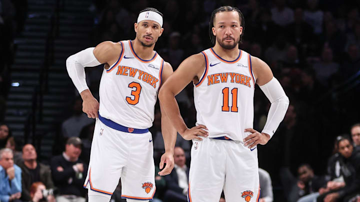 Jan 21, 2025; Brooklyn, New York, USA; New York Knicks guards Josh Hart (3) and Jalen Brunson (11) at Barclays Center. Mandatory Credit: Wendell Cruz-Imagn Images Jan 21, 2025; Brooklyn, New York, USA; New York Knicks guards Josh Hart (3) and Jalen Brunson (11) at Barclays Center. Mandatory Credit: Wendell Cruz-Imagn Images