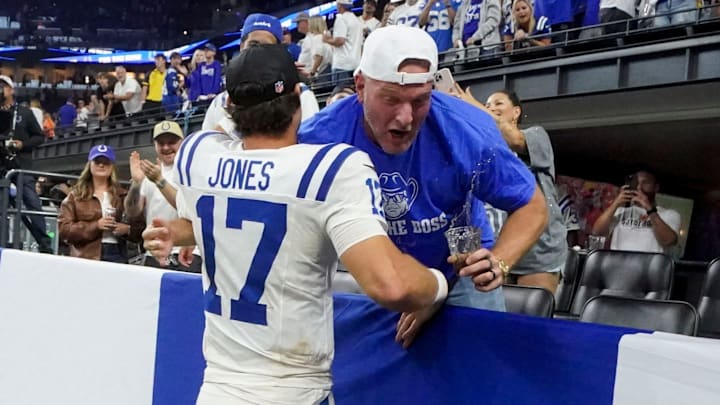 Indianapolis Colts quarterback Daniel Jones (17) embraces Pat McAfee on Sunday, Sept. 14, 2025, after winning a game against the Denver Broncos at Lucas Oil Stadium in Indianapolis. Indianapolis Colts quarterback Daniel Jones (17) embraces Pat McAfee on Sunday, Sept. 14, 2025, after winning a game against the Denver Broncos at Lucas Oil Stadium in Indianapolis.