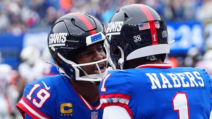 New York Giants quarterback Jameis Winston (19) celebrates New York Giants wide receiver Malik Nabers' (1) touchdown, Sunday, October 4, 2026, in East Rutherford. New York Giants quarterback Jameis Winston (19) celebrates New York Giants wide receiver Malik Nabers' (1) touchdown, Sunday, October 4, 2026, in East Rutherford.