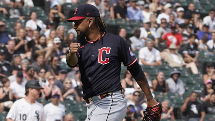 Jul 13, 2025; Chicago, Illinois, USA; Cleveland Guardians pitcher Emmanuel Clase (48) celebrates after getting the final out against the Chicago White Sox during the tenth inning at Rate Field. Mandatory Credit: David Banks-Imagn Images