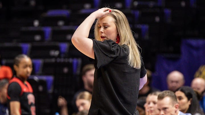 UNLV Lady Rebels head coach Lindy La Rocque reacts to a play against the Michigan Wolverines during the first half at Pete Maravich Assembly Center. 