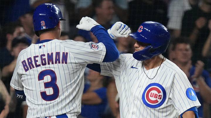 Aug 31, 2026; Chicago, Illinois, USA;  Chicago Cubs third baseman Alex Bregman (3) is greeted by left fielder Tyrone Taylor (55) after hitting a home run against the Milwaukee Brewers during the fourth inning at Wrigley Field. David Banks-Imagn Images