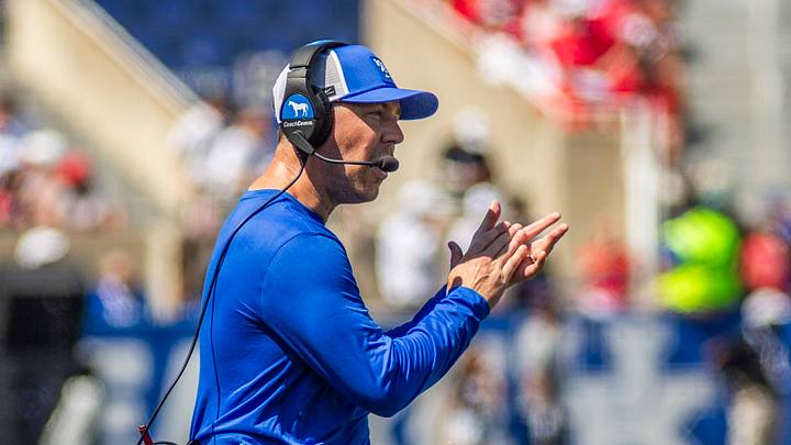 Sep 5, 2026; Lexington, Kentucky, USA;  Kentucky Wildcats head coach Will Stein talks to his team during a timeout during the second quarter against the Youngstown State Penguins at Kroger Field.  Mandatory Credit: Arden Barnes-Imagn Images
