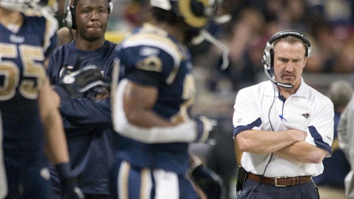 December 26, 2010; St. Louis, MO, USA; St. Louis Rams head coach Steve Spagnuolo walks the sidelines as his team plays the San Francisco 49ers in the first half at the Edward Jones Dome. Mandatory Credit: Jeff Curry-Imagn Images