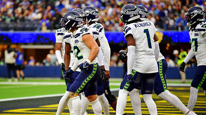 Nov 16, 2025; Inglewood, California, USA; Seattle Seahawks linebacker Drake Thomas (42) celebrates with his teammates after a receiving a fumble during the second half against the Los Angeles Rams at SoFi Stadium.