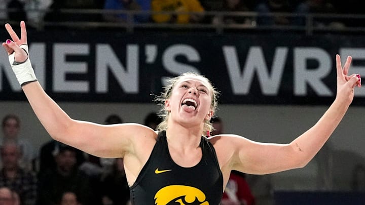 Iowa’s Kylie Welker celebrates winning the 180-pound National Collegiate Women’s Wrestling Championship Saturday, March 8, 2025 at Xtream Arena in Coralville, Iowa. Iowa’s Kylie Welker celebrates winning the 180-pound National Collegiate Women’s Wrestling Championship Saturday, March 8, 2025 at Xtream Arena in Coralville, Iowa.