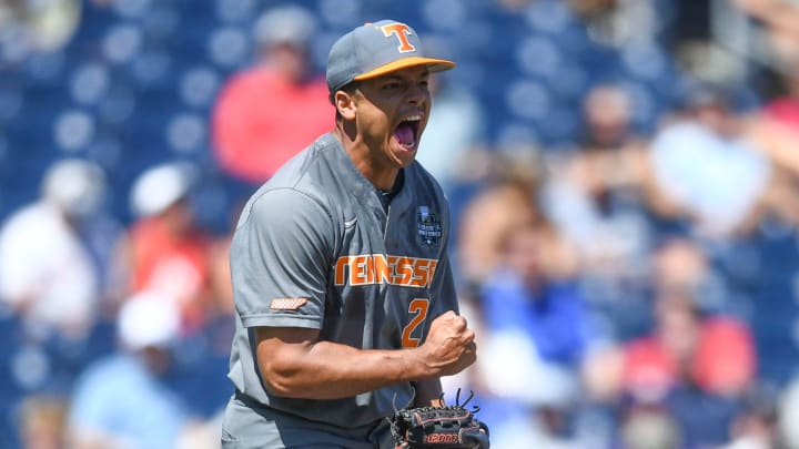 Tennessee pitcher Chase Burns (23) celebrates after ending the 7th inning with a strikeout against Stanford in the NCAA Baseball College World Series in Omaha, Nebraska, on Monday, June 19, 2023.