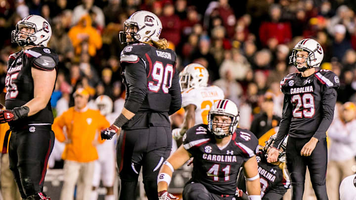Former South Carolina football kicker Elliott Fry watches a field goal sail through the uprights against the Tennessee Volunteers