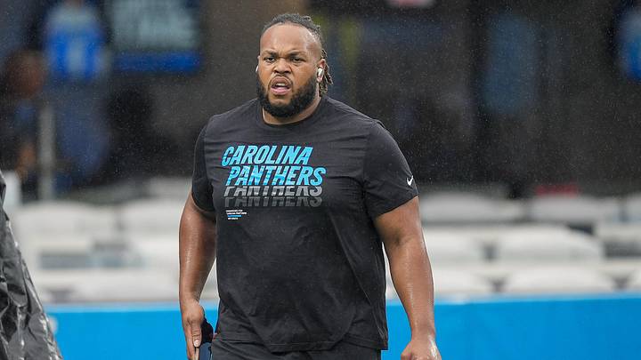 Carolina Panthers guard Robert Hunt (50) during Fanfest Carolina Panthers guard Robert Hunt (50) during Fanfest