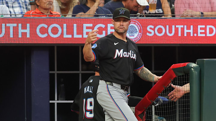Miami Marlins manager Skip Schumaker (45) in the dugout against the Atlanta Braves in the fifth inning at Truist Park on Aug 1.