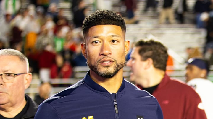 Nov 1, 2025; Chestnut Hill, Massachusetts, USA; Notre Dame Fighting Irish head coach Marcus Freeman after the game against the Boston College Eagles at Alumni Stadium. Mandatory Credit: Edward Finan-Imagn Images