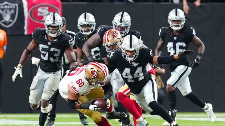 Aug 23, 2024; Paradise, Nevada, USA; San Francisco 49ers offensive tackle Sebastian Gutierrez (60) recovers a fumbled ball during the final second of game against the Las Vegas Raiders at Allegiant Stadium. Mandatory Credit: Stephen R. Sylvanie-USA TODAY Sports
